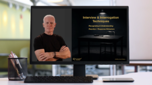 Stan Walters shown on a monitor beside the title slide for “Interview & Interrogation Techniques: Recognizing & Understanding Reaction / Response Behaviors.”